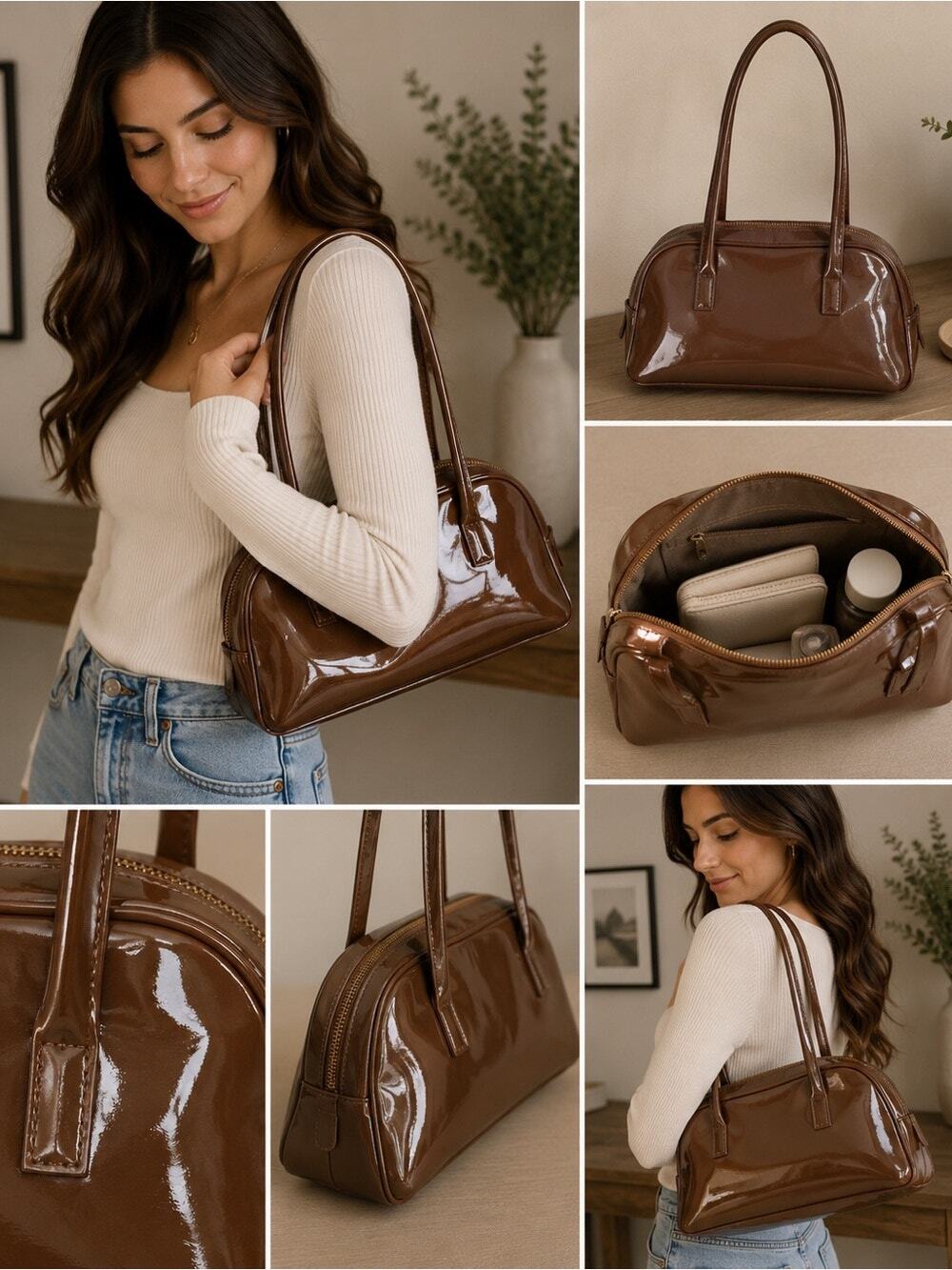 Brown Patent Shoulder Bag Small Bowler Purse